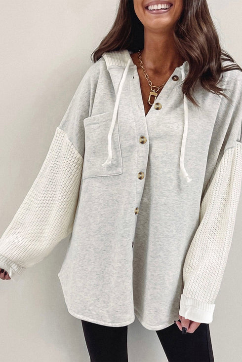 Button Up Contrast Knitted Sleeves Hooded Jacket